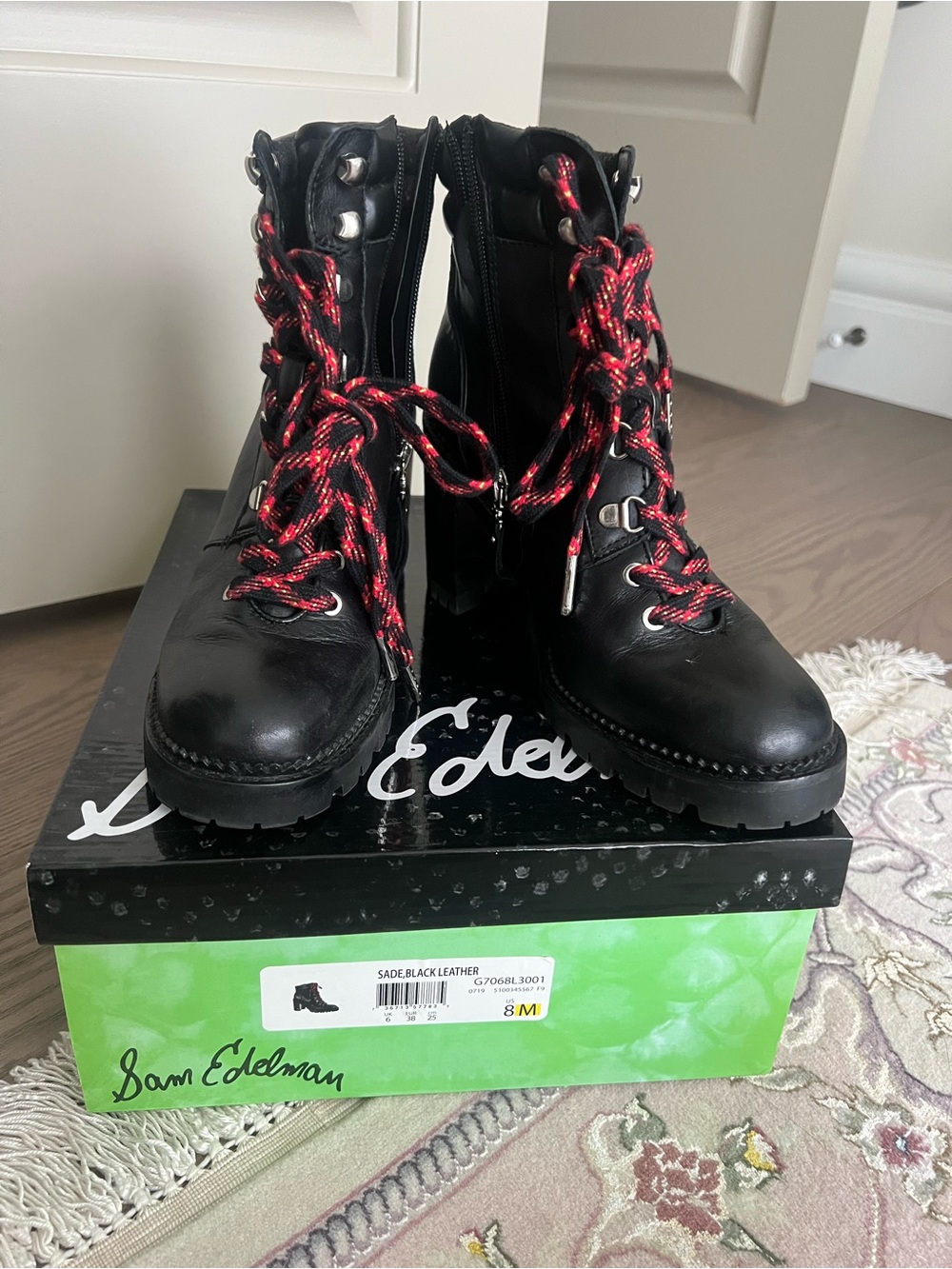 Sam Edelman Black Leather Lace-Up Boots with Red Contrast Laces